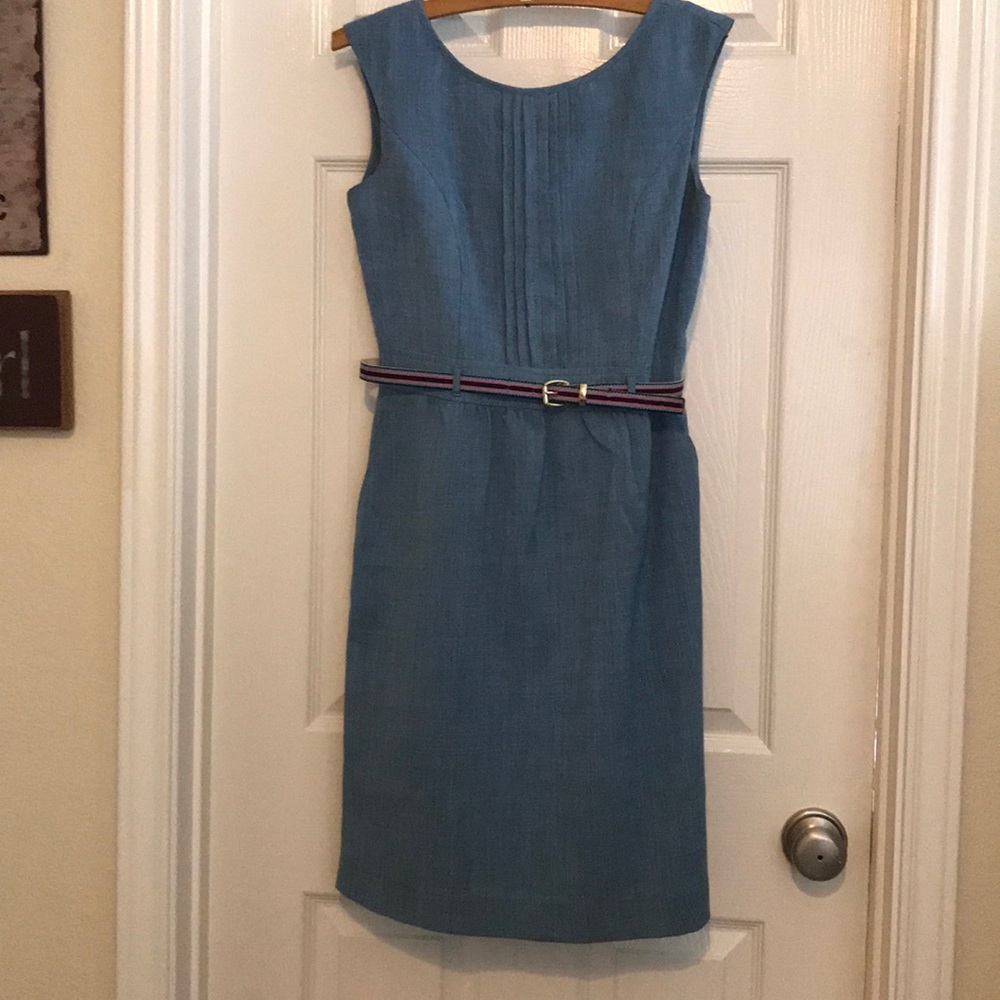 Sleeveless, summer blue dress with belt